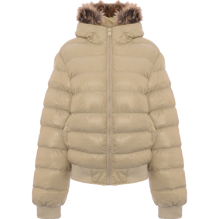 Brave Soul Womens River Puffer Coat with Faux Fur Trim Hood in Stone