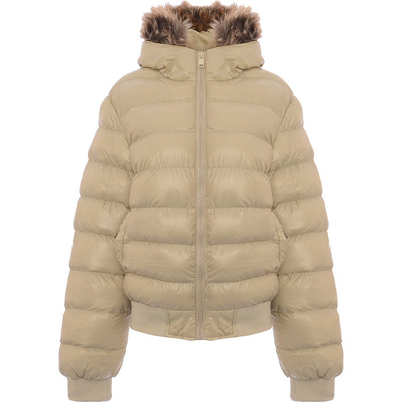 Brave Soul Womens River Puffer Coat with Faux Fur Trim Hood in Stone