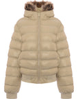 Brave Soul Womens River Puffer Coat with Faux Fur Trim Hood in Stone