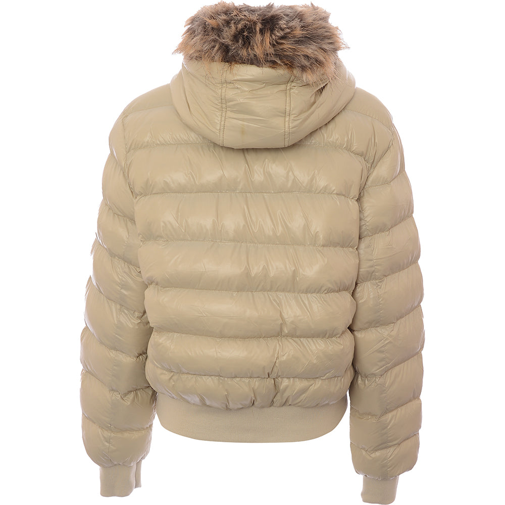 Brave Soul Womens River Puffer Coat with Faux Fur Trim Hood in Stone