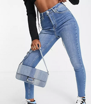 NA-KD Womens Cotton Skinny High Waist Jeans With Raw Hem In Mid Blue
