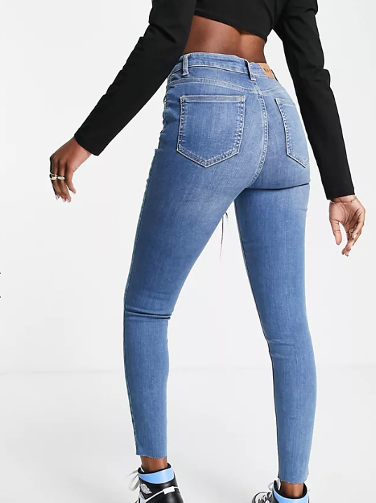 NA-KD Womens Cotton Skinny High Waist Jeans With Raw Hem In Mid Blue