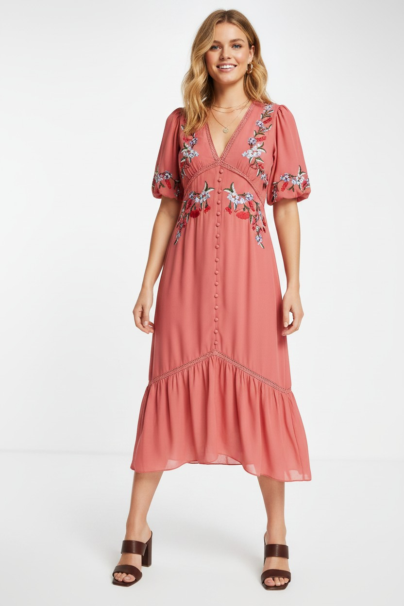Hope & Ivy Womens Puff Sleeve Embroidered Midi Tea Dress in Clay Red