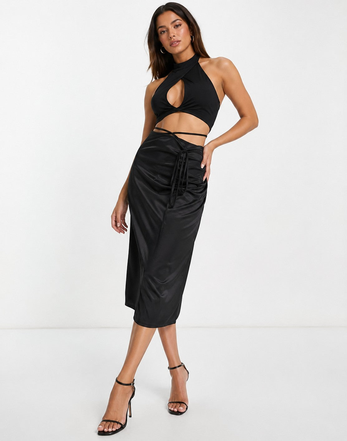 Missguided Womens Tie Waist Satin Slip Midi Skirt In Black
