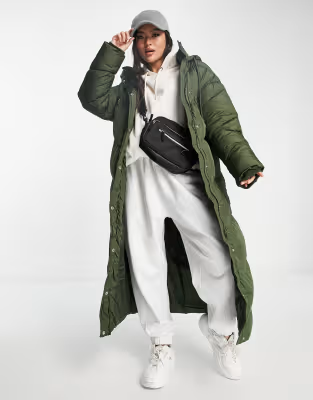 Womens Missguided Chevron Maxi Puffer Coat In Khaki