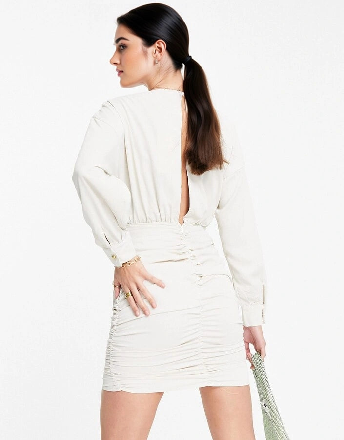 Womens Club L London Tall Shirt Dress With Frill Ruched Skirt Detail In Stone