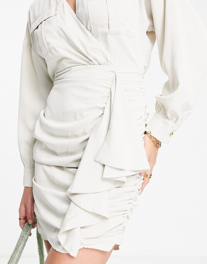Womens Club L London Tall Shirt Dress With Frill Ruched Skirt Detail In Stone