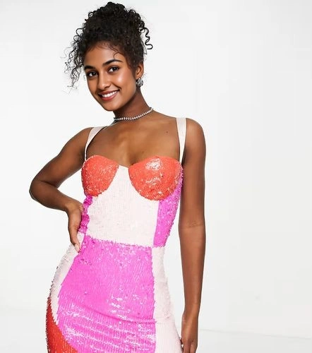 Lace & Beads Womens Exclusive Contrast Sequin Mini Dress in Pink Colour Block