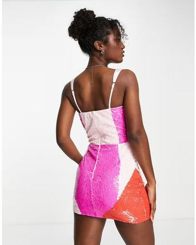 Lace & Beads Womens Exclusive Contrast Sequin Mini Dress in Pink Colour Block