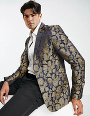 Mens Bolongaro Trevor Blue And Gold Floral Skinny Fit Suit Jacket