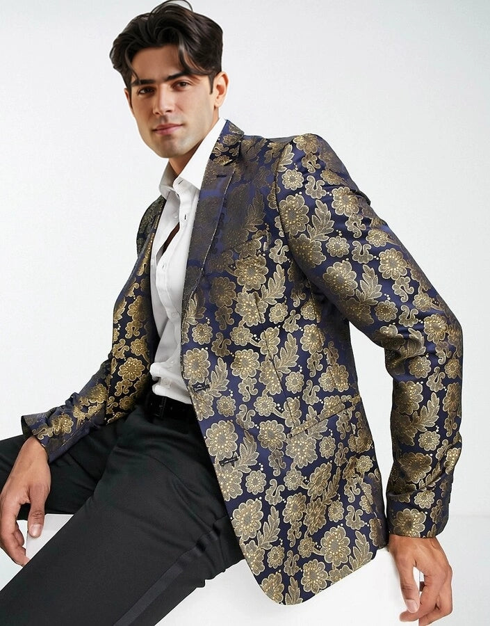 Mens Bolongaro Trevor Blue And Gold Floral Skinny Fit Suit Jacket