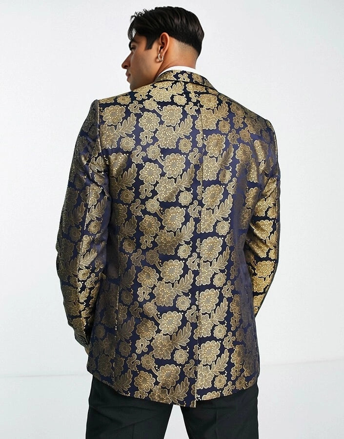 Mens Bolongaro Trevor Blue And Gold Floral Skinny Fit Suit Jacket