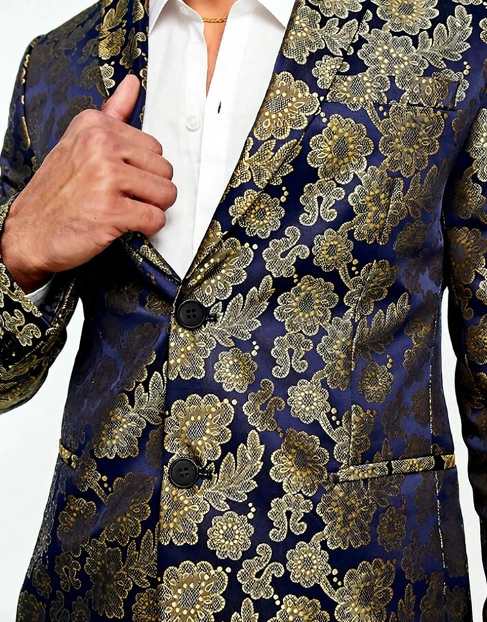 Mens Bolongaro Trevor Blue And Gold Floral Skinny Fit Suit Jacket