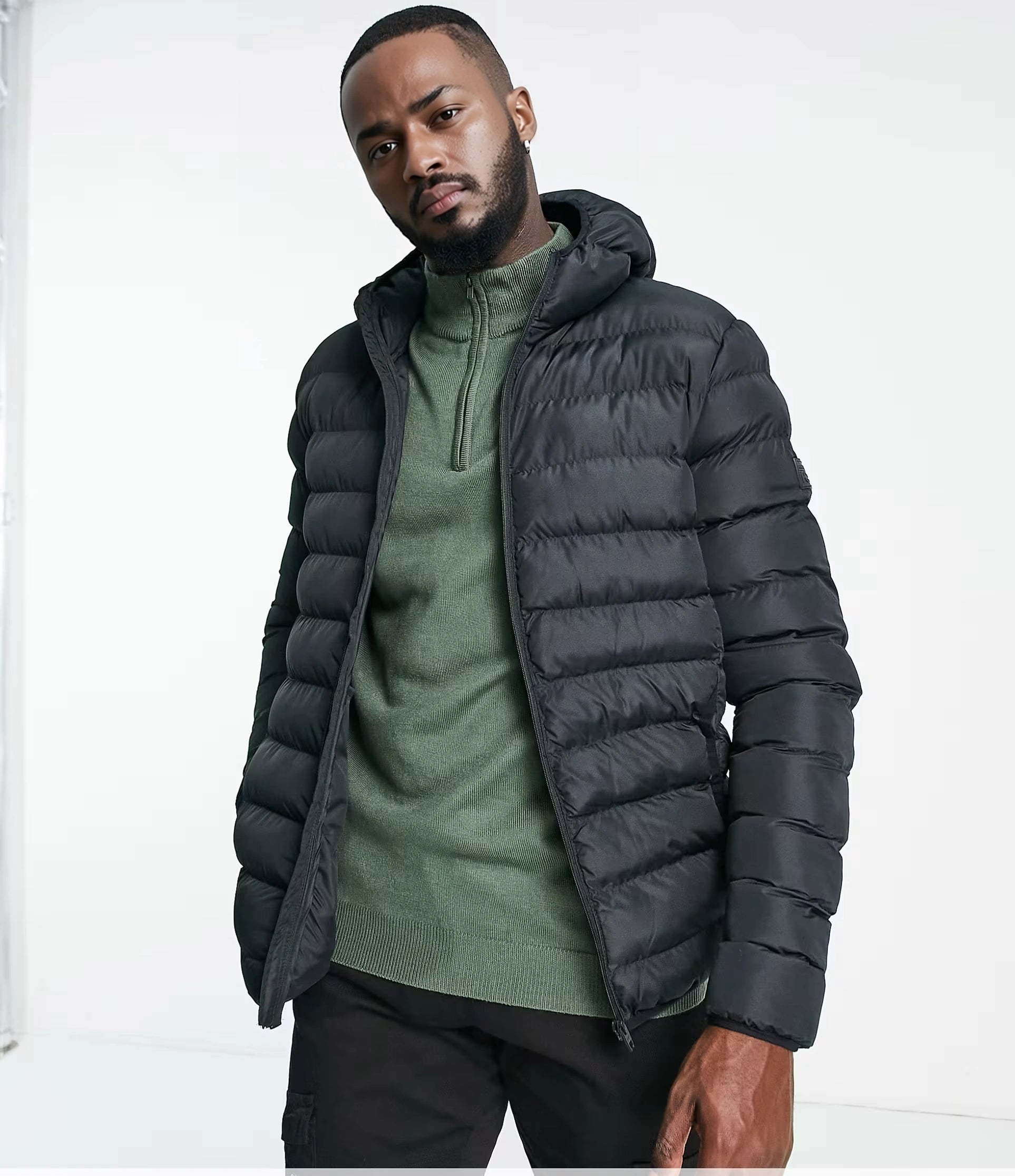 Mens French Connection Tall Puffer Jacket With Hood in Black