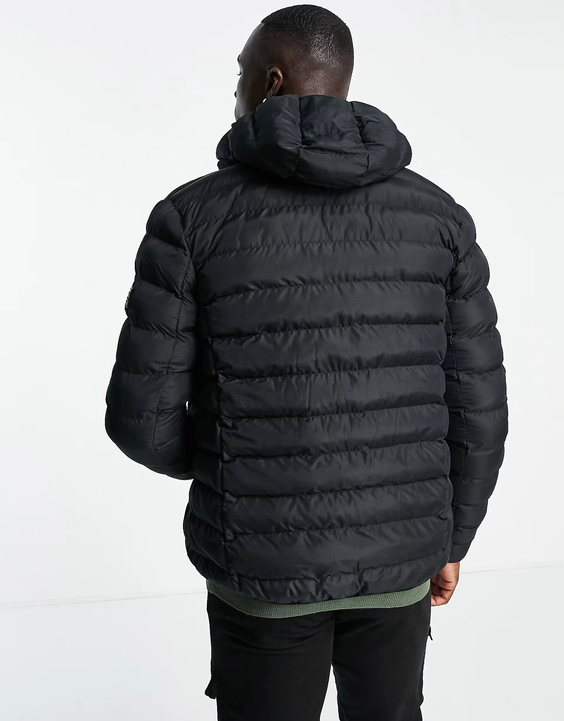 Mens French Connection Tall Puffer Jacket With Hood in Black