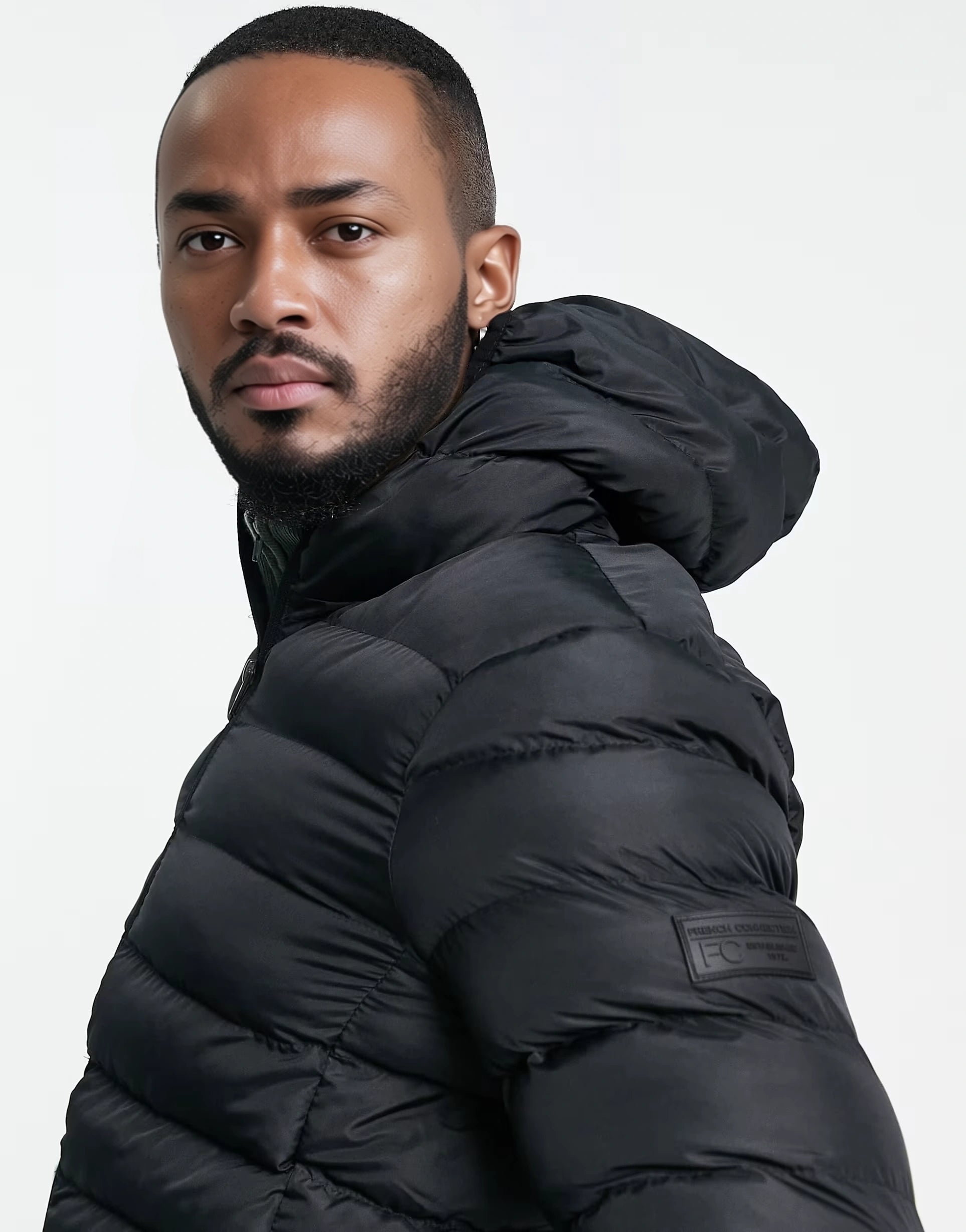 Mens French Connection Tall Puffer Jacket With Hood in Black
