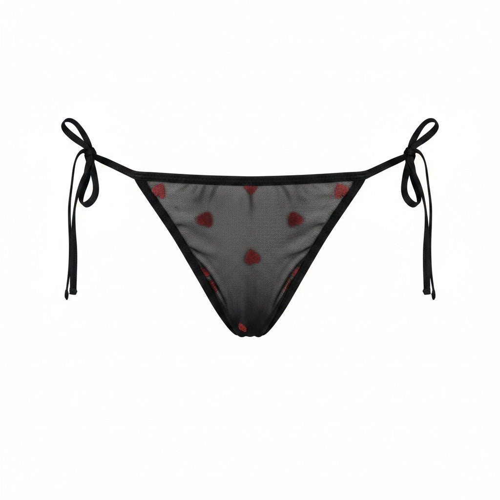 Lost Ink Womens Lace Tie Side Brief With Red Heart Embriodery In Black