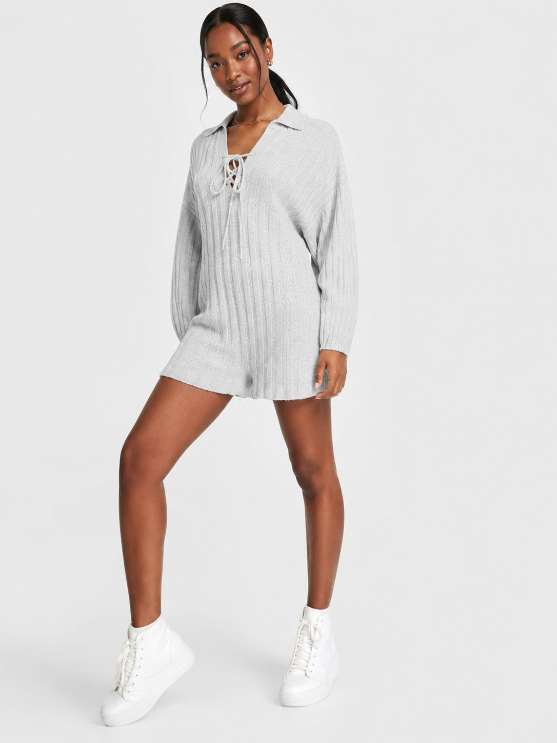 Lost ink Womens Oversized Knitted Romper With Tie Front in Grey