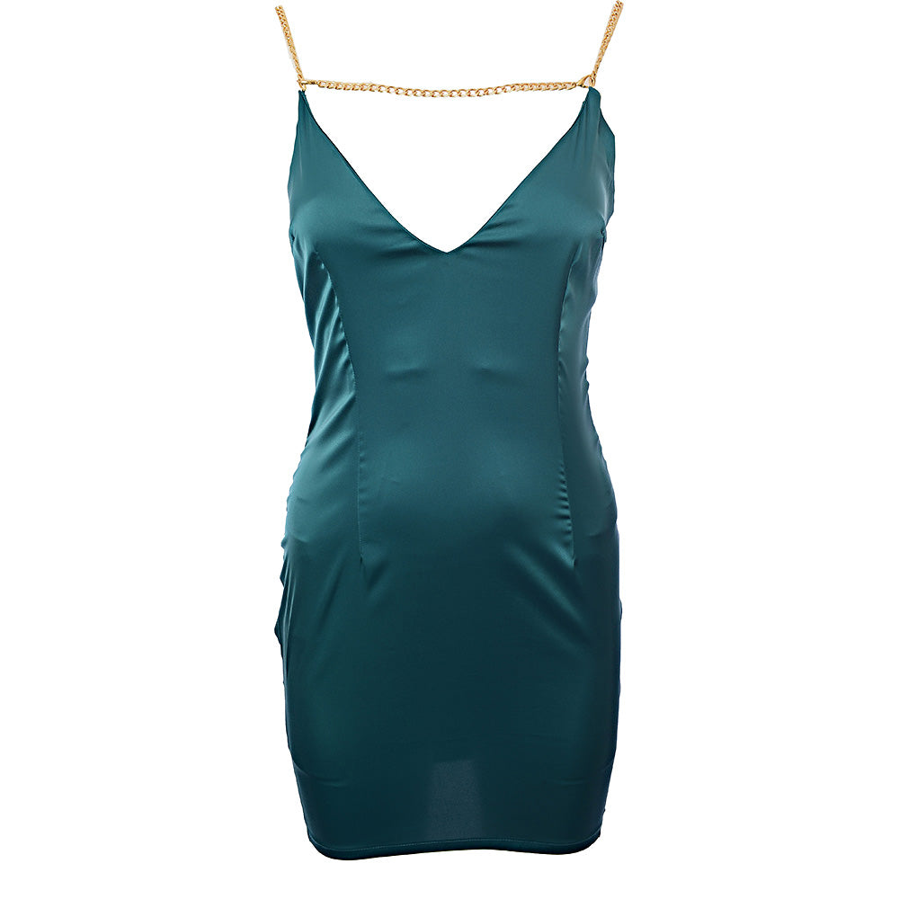 NaaNaa Women&#39;s Plunge Neck Satin Mini Dress in Teal