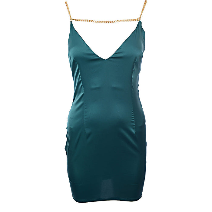 NaaNaa Women's Plunge Neck Satin Mini Dress in Teal