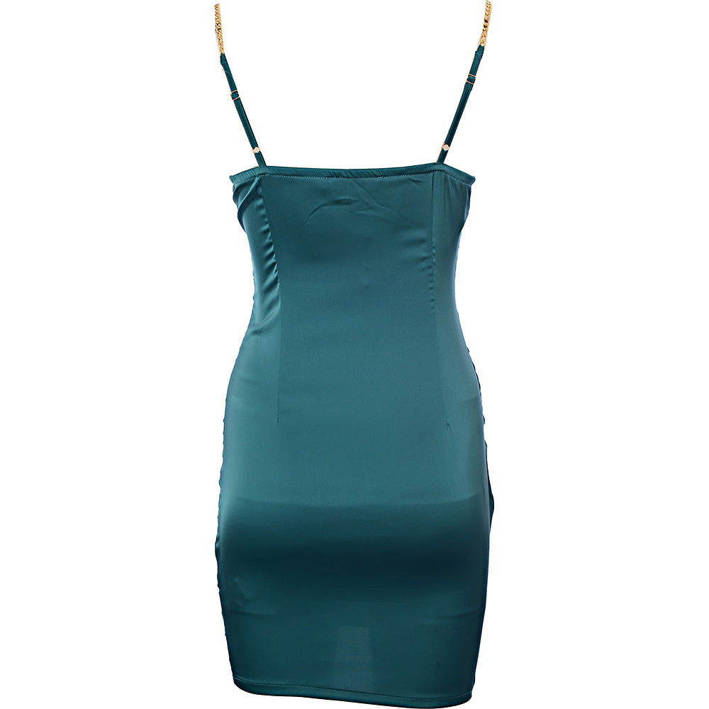 NaaNaa Women&#39;s Plunge Neck Satin Mini Dress in Teal