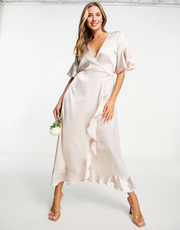 AX Paris Womens Wedding Guest Satin Wrap Dress in Champagne