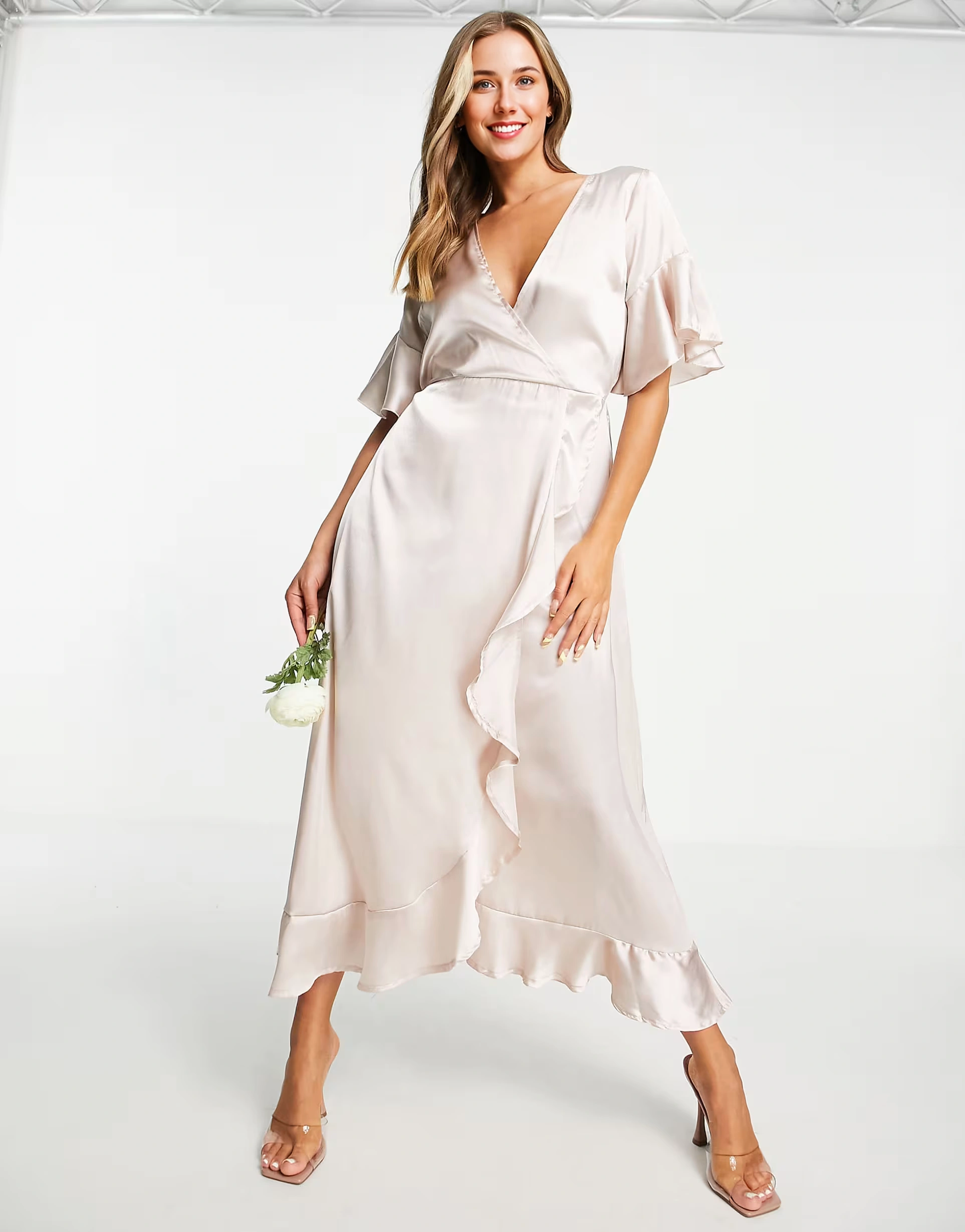 AX Paris Womens Wedding Guest Satin Wrap Dress in Champagne