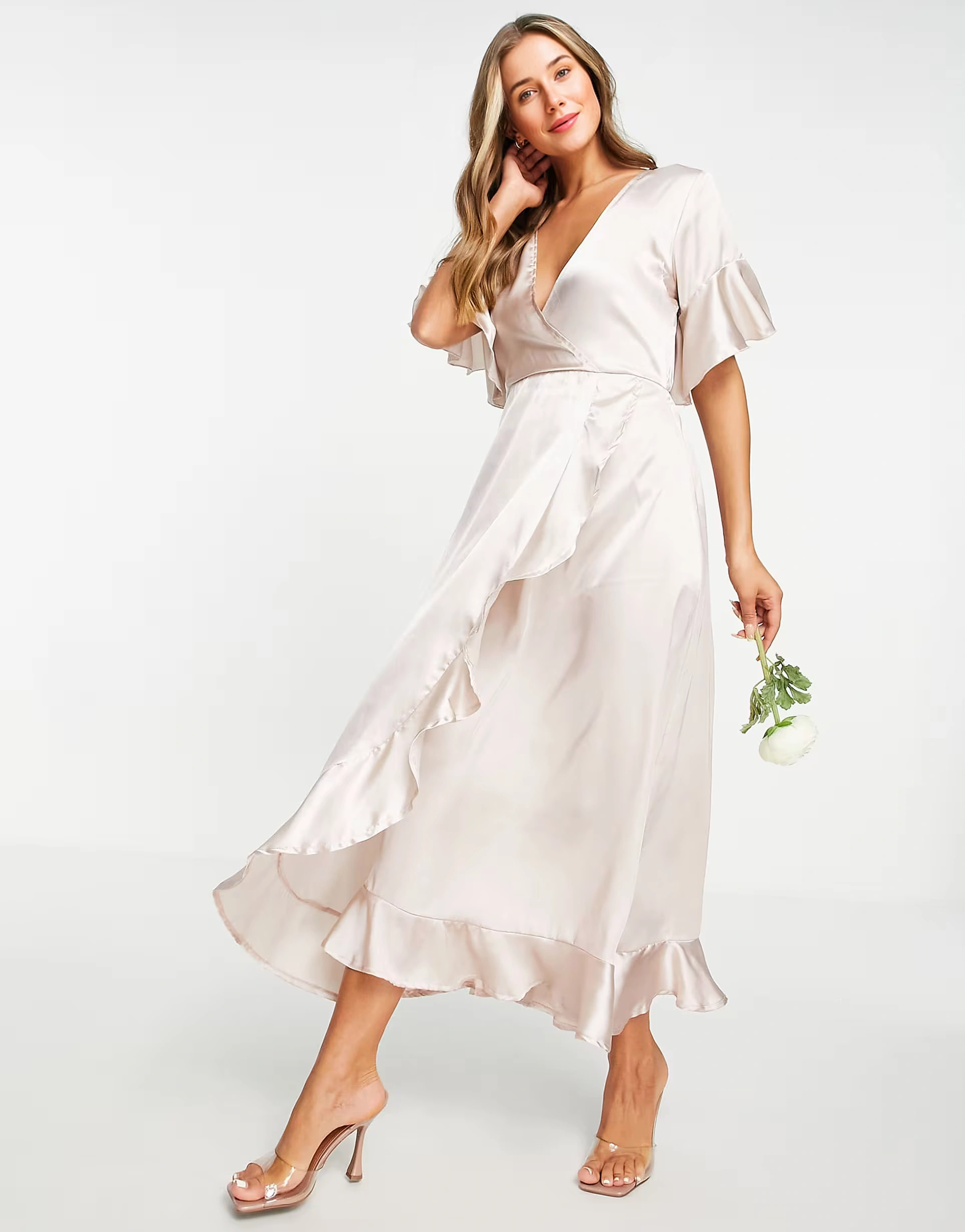 AX Paris Womens Wedding Guest Satin Wrap Dress in Champagne