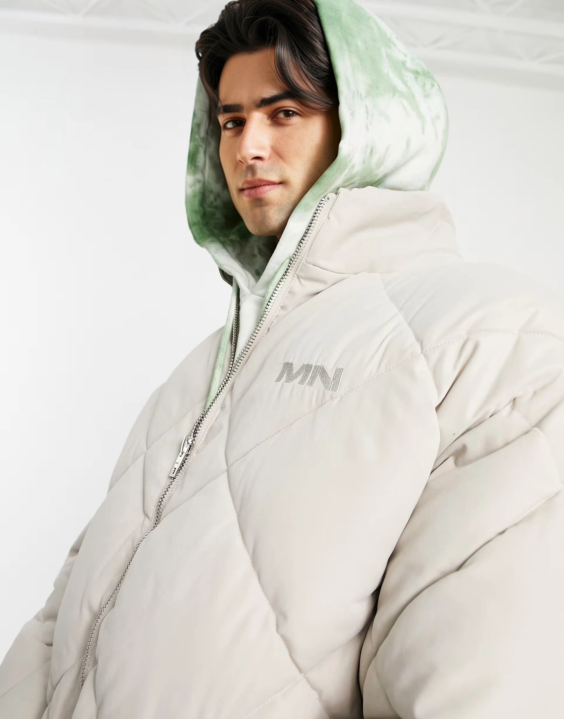Mennace Mens Diamond Puffer Jacket In Off White