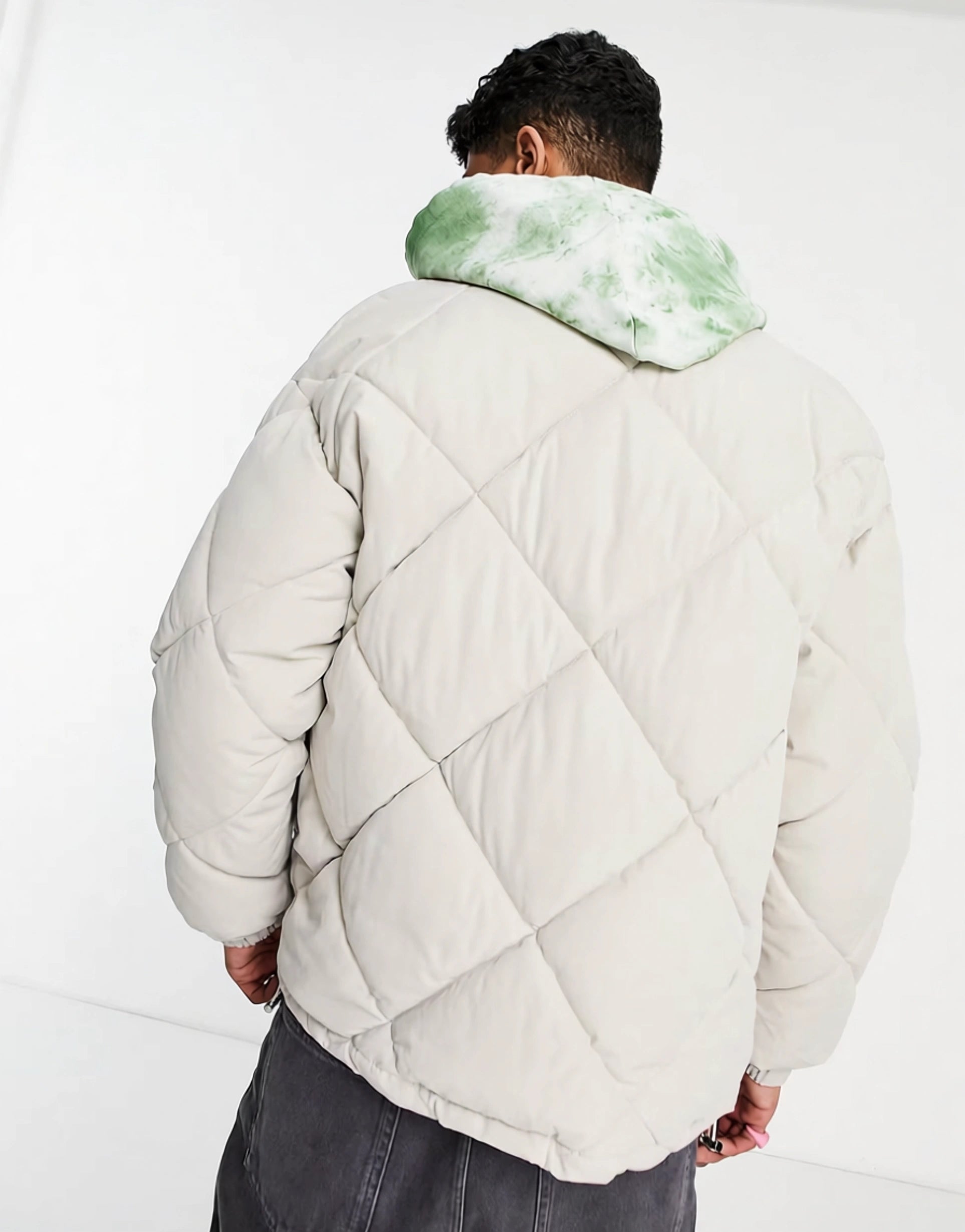 Mennace Mens Diamond Puffer Jacket In Off White