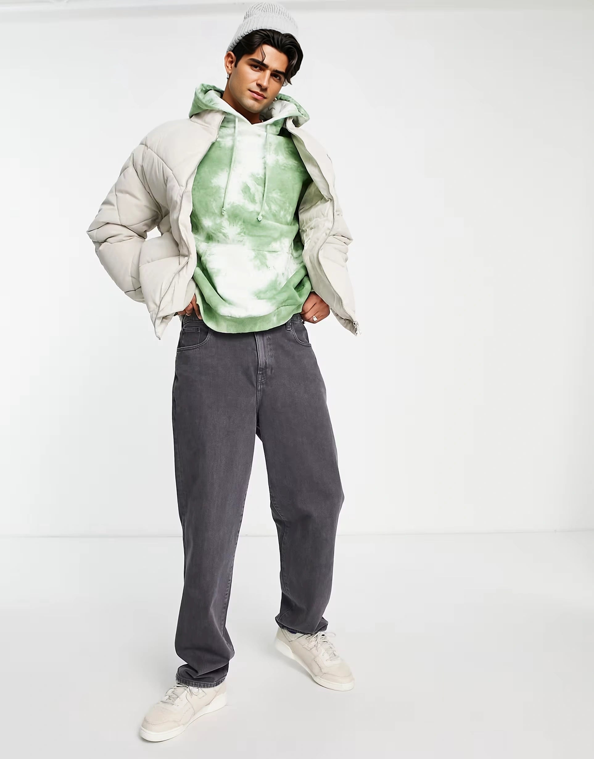 Mennace Mens Diamond Puffer Jacket In Off White