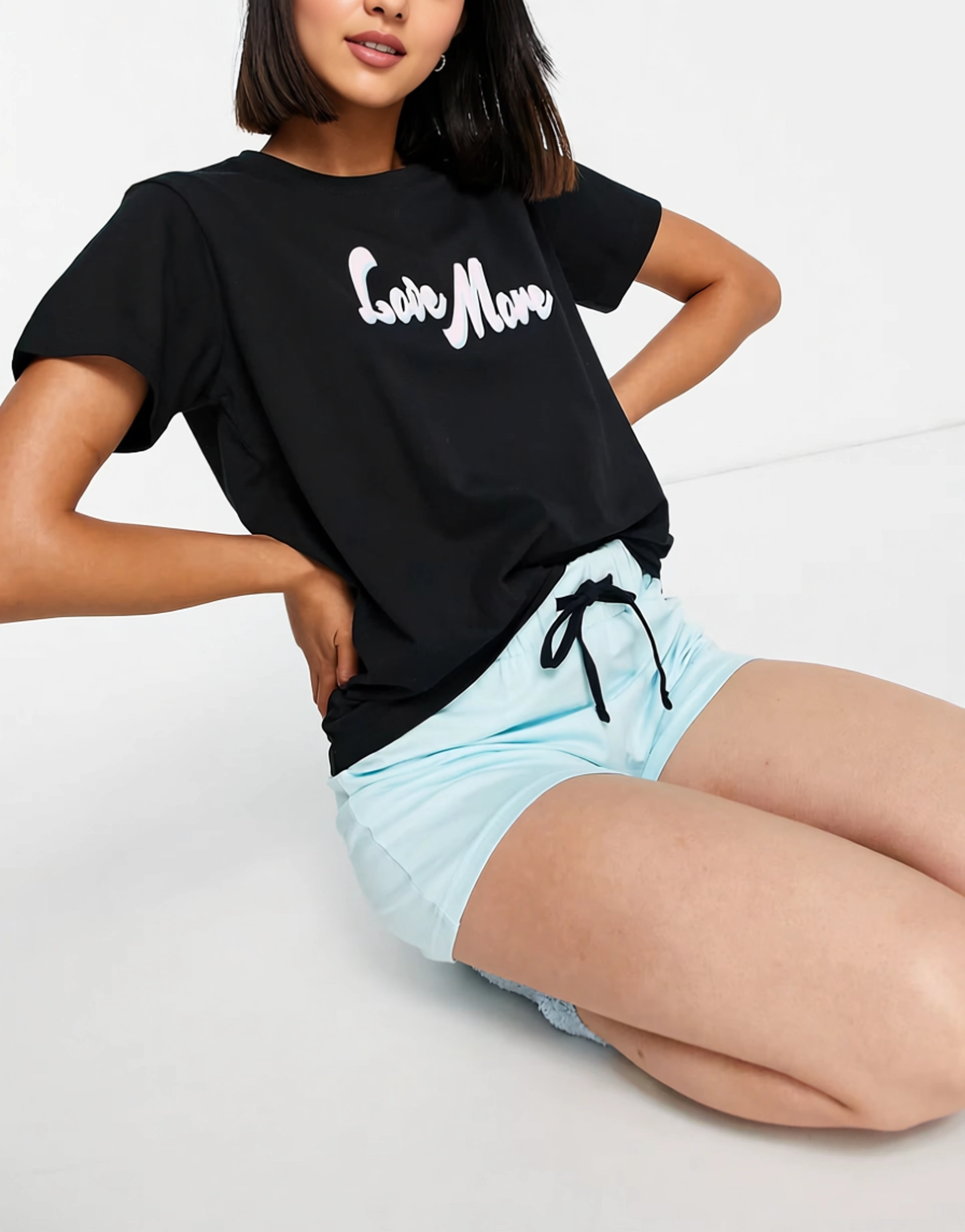 Womens Threadbare Love More Pj Set In Black And Pale Blue