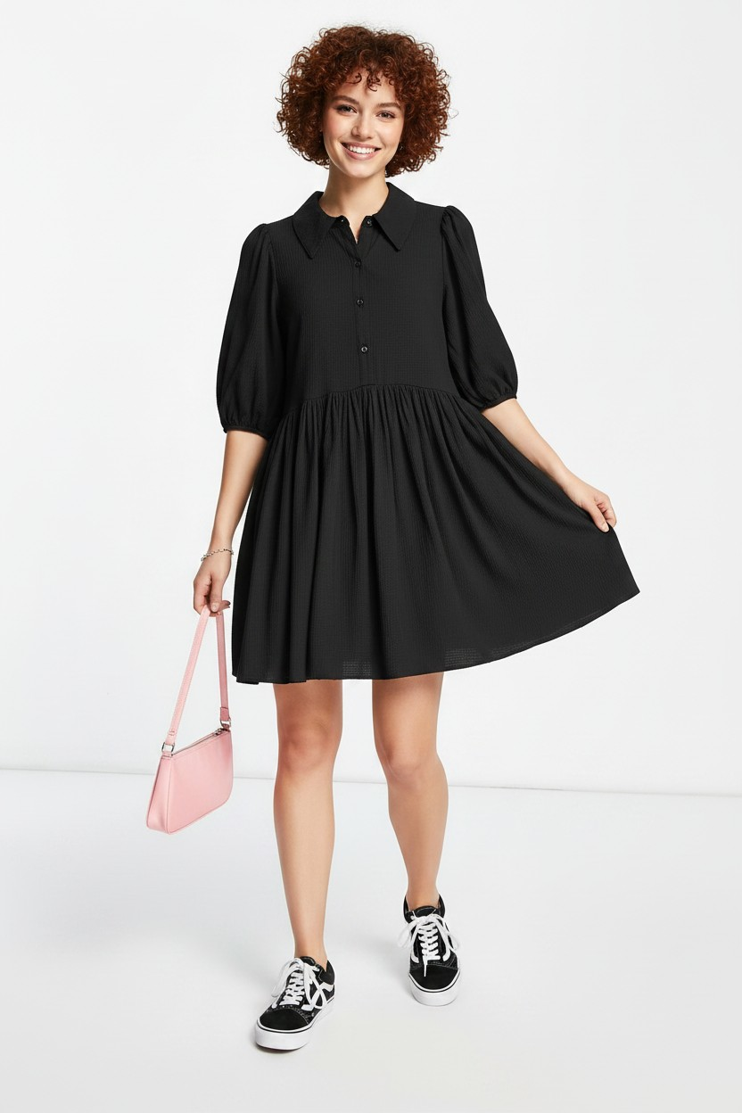 Glamorous Womens Mini Smock Shirt Dress With Puff Sleeves In Black