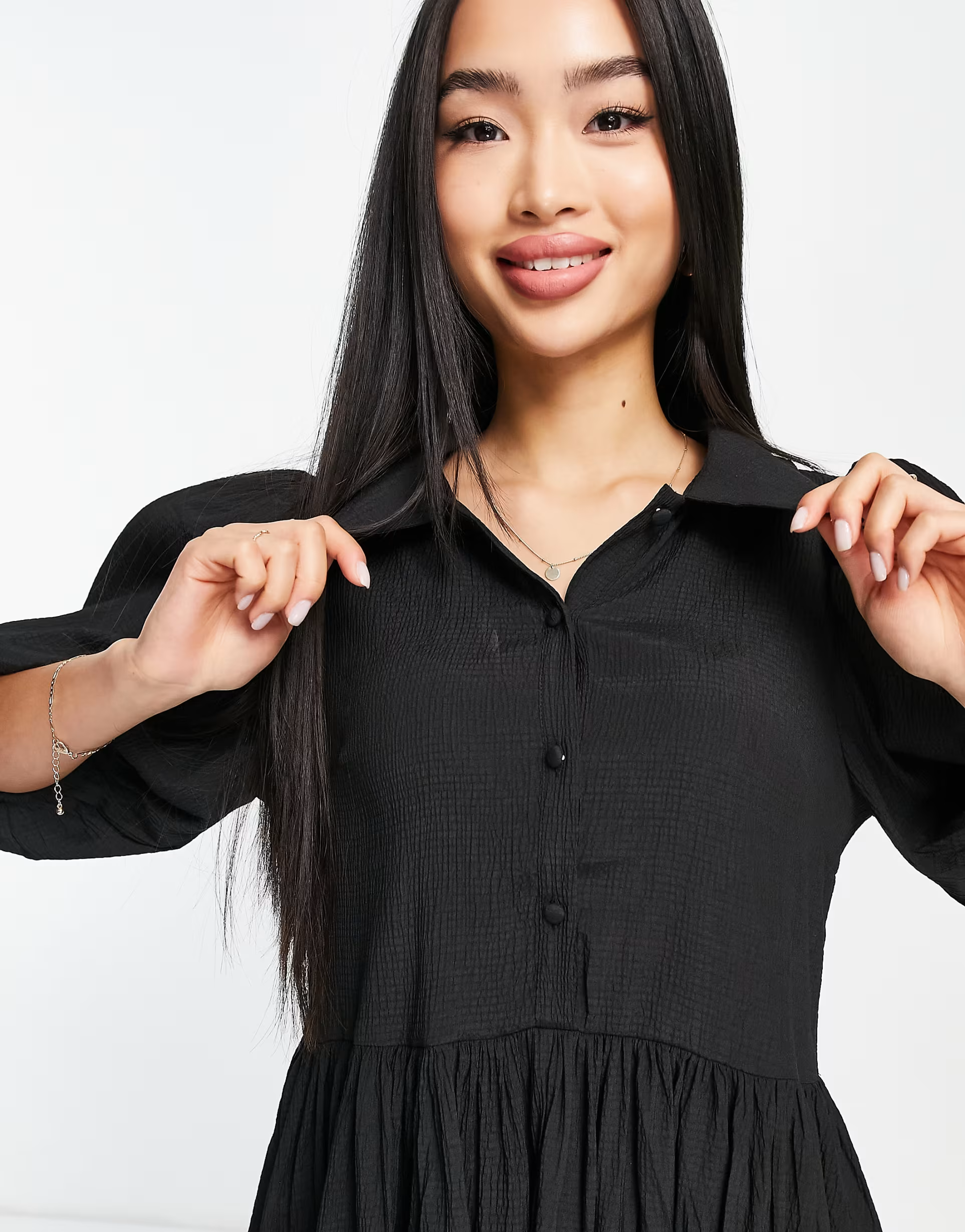 Glamorous Womens Mini Smock Shirt Dress With Puff Sleeves In Black