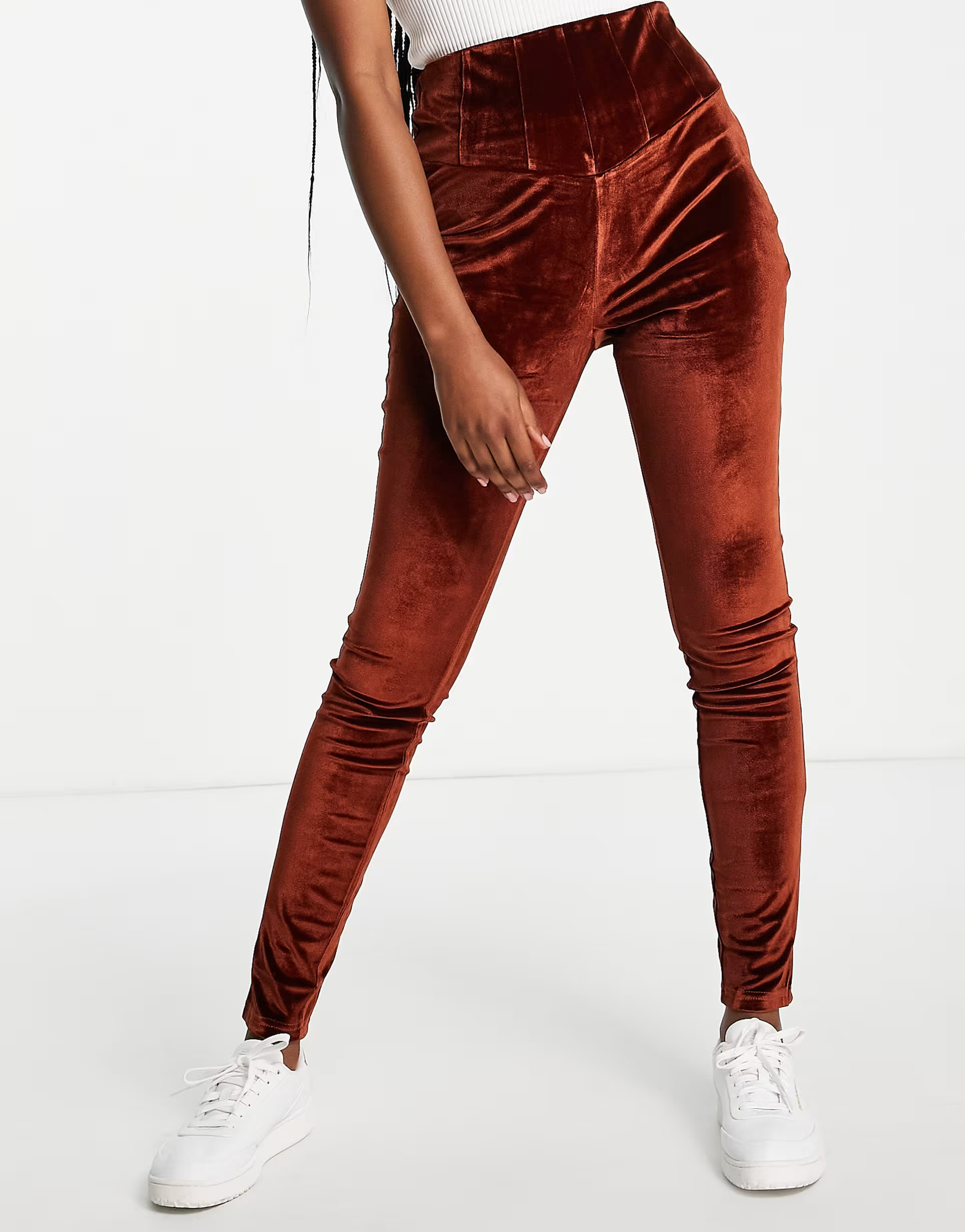 Fashion Union Womens Stretch Velvet Leggings in Rust
