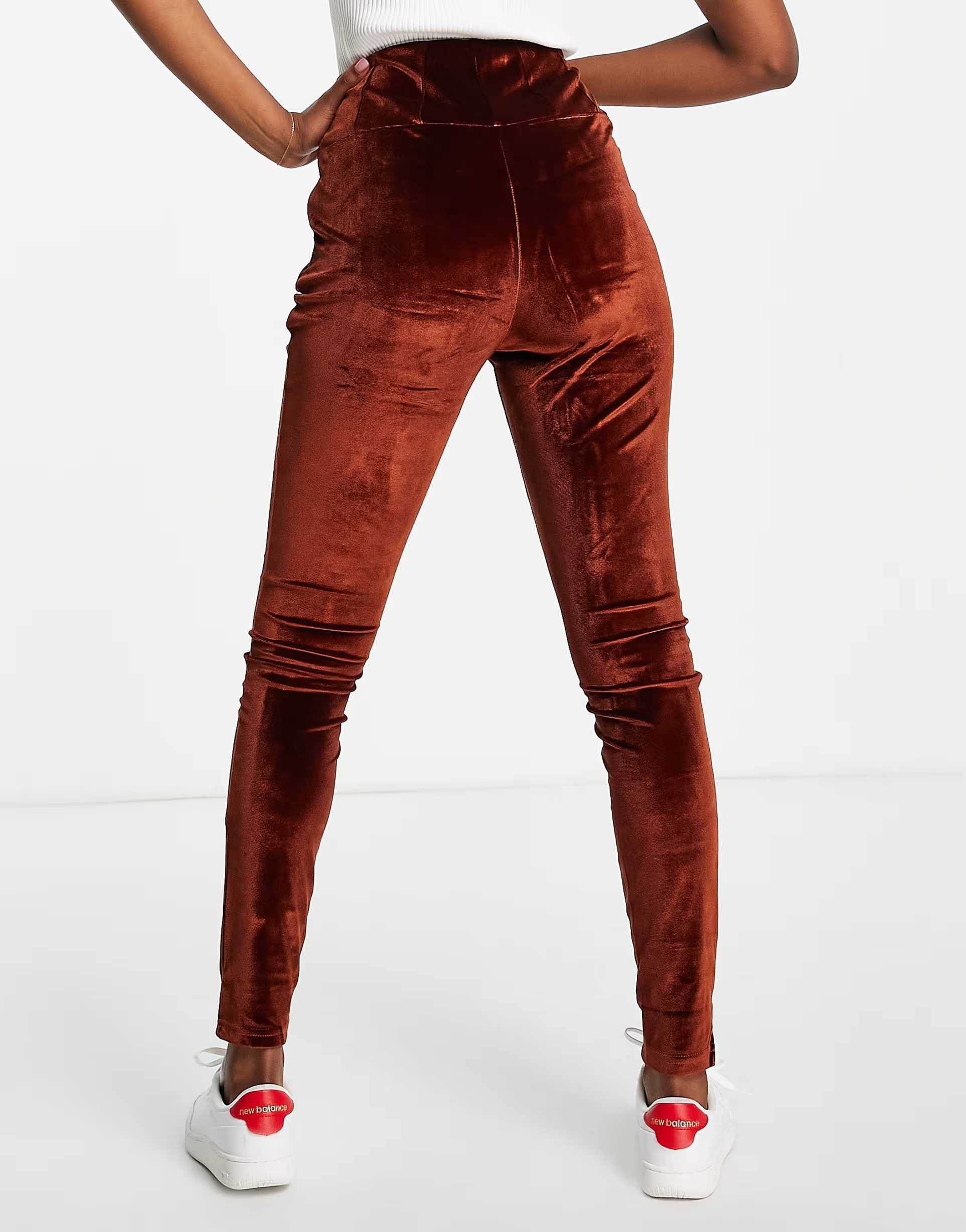 Fashion Union Womens Stretch Velvet Leggings in Rust