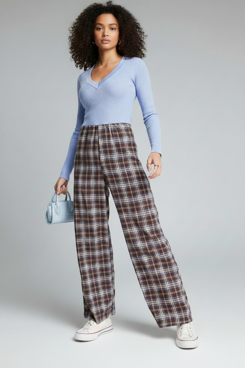 Heartbreak Womens Tall Wide Leg Trousers in Brown Check
