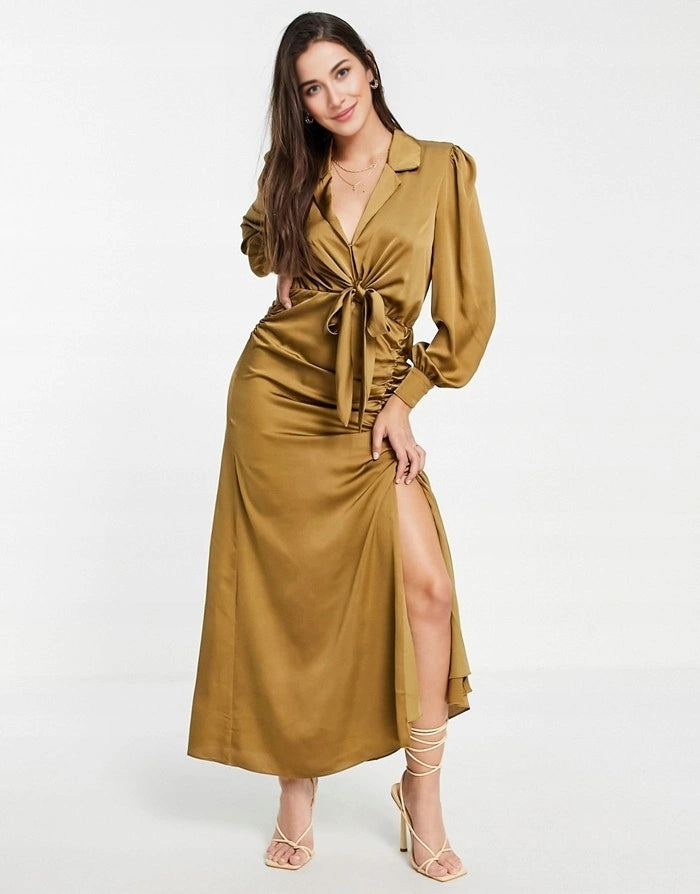 Womens Forever New Tie Front Ruched Shirt Midi Dress in Olive