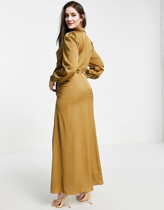 Womens Forever New Tie Front Ruched Shirt Midi Dress in Olive