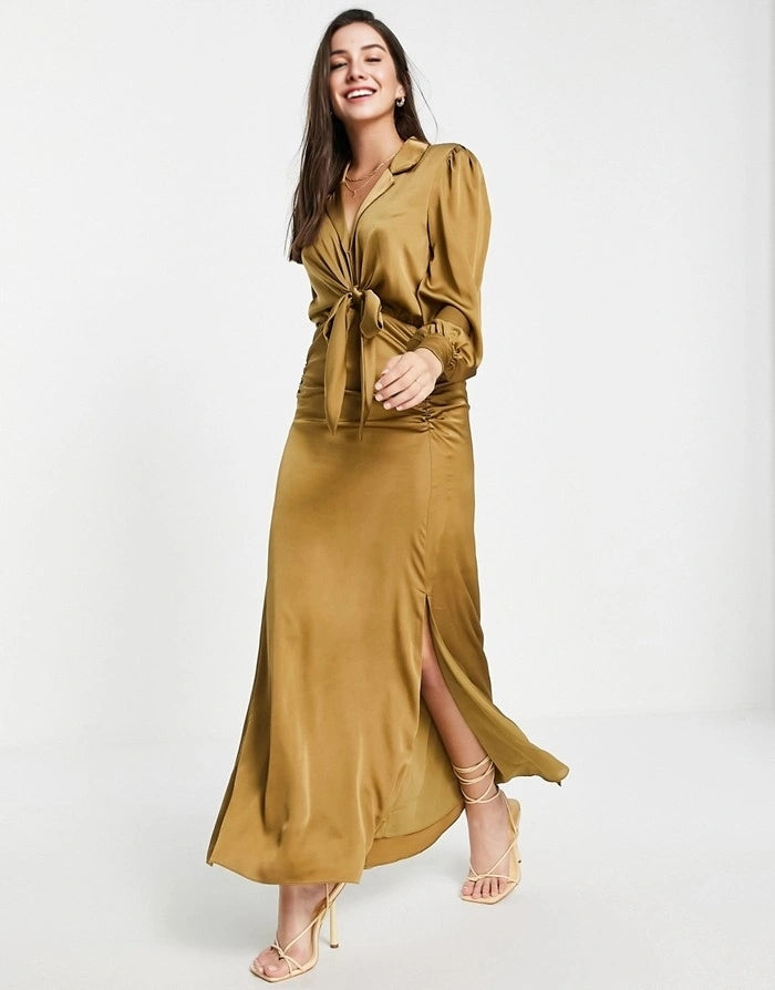 Womens Forever New Tie Front Ruched Shirt Midi Dress in Olive