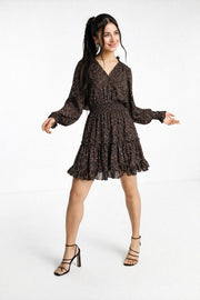 Forever New Womens Shirred Waist Mini Tea Dress in Brown Star Print In Brown