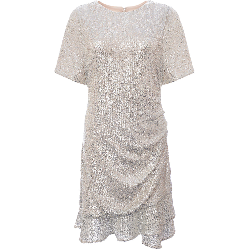 Forever New Women's Silver-Silver Curve Cap Sleeve Frill Hem Sequin Mini Dress