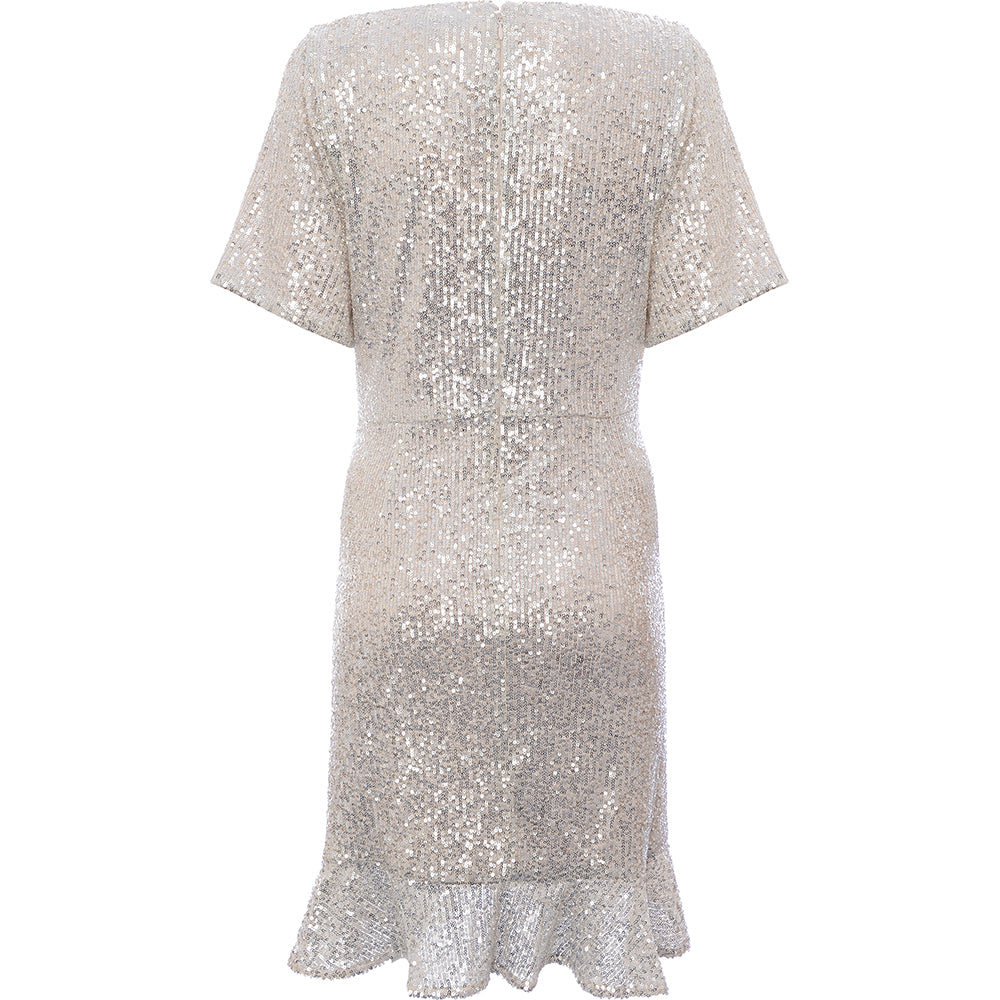 Forever New Women's Silver-Silver Curve Cap Sleeve Frill Hem Sequin Mini Dress