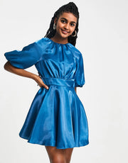 Forever New Womens Bow Back Satin Mini Dress in Blue In Green
