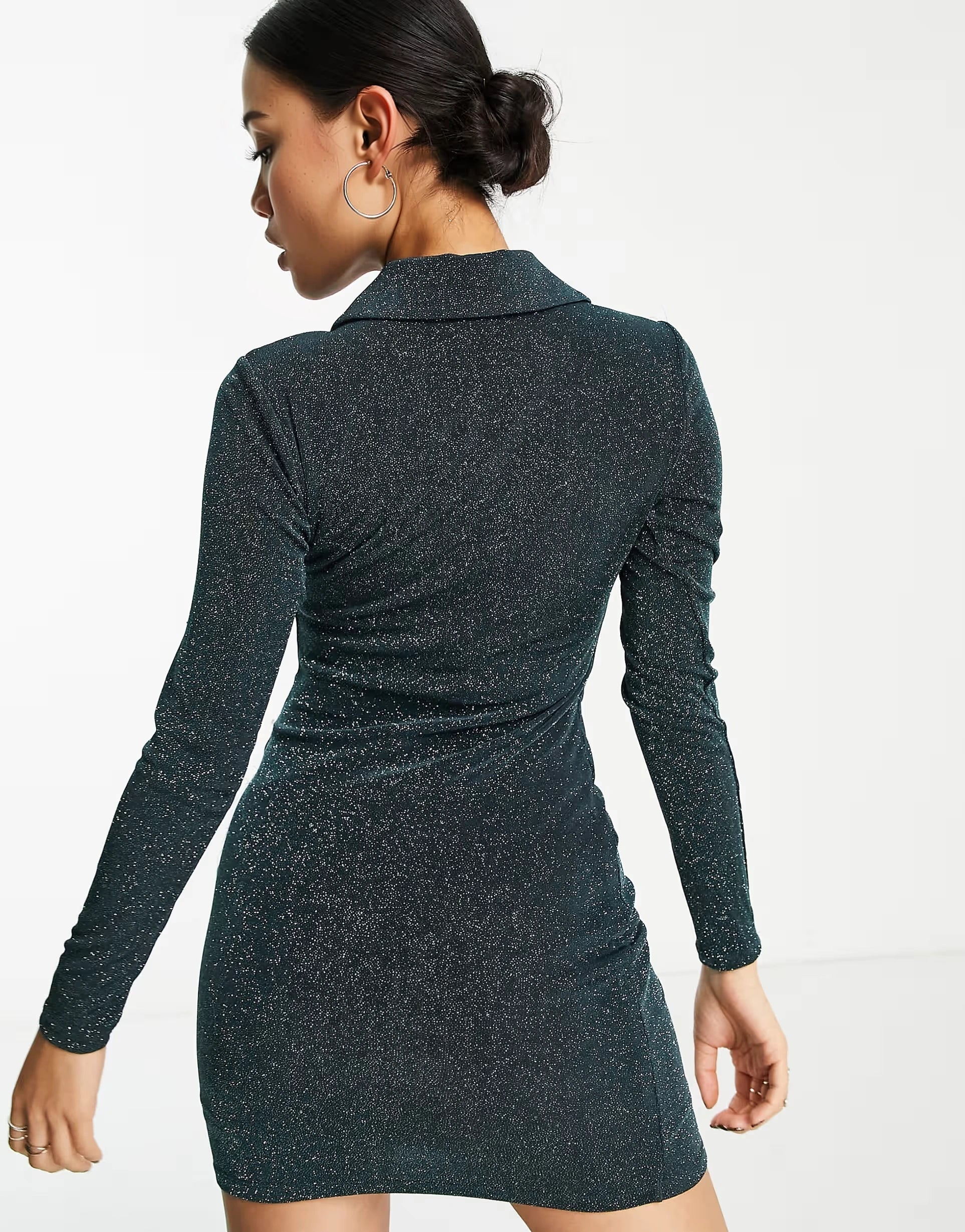 Womens Forever New Petite Collared Ruched Shirt Mini Dress in Forest Green Glitter