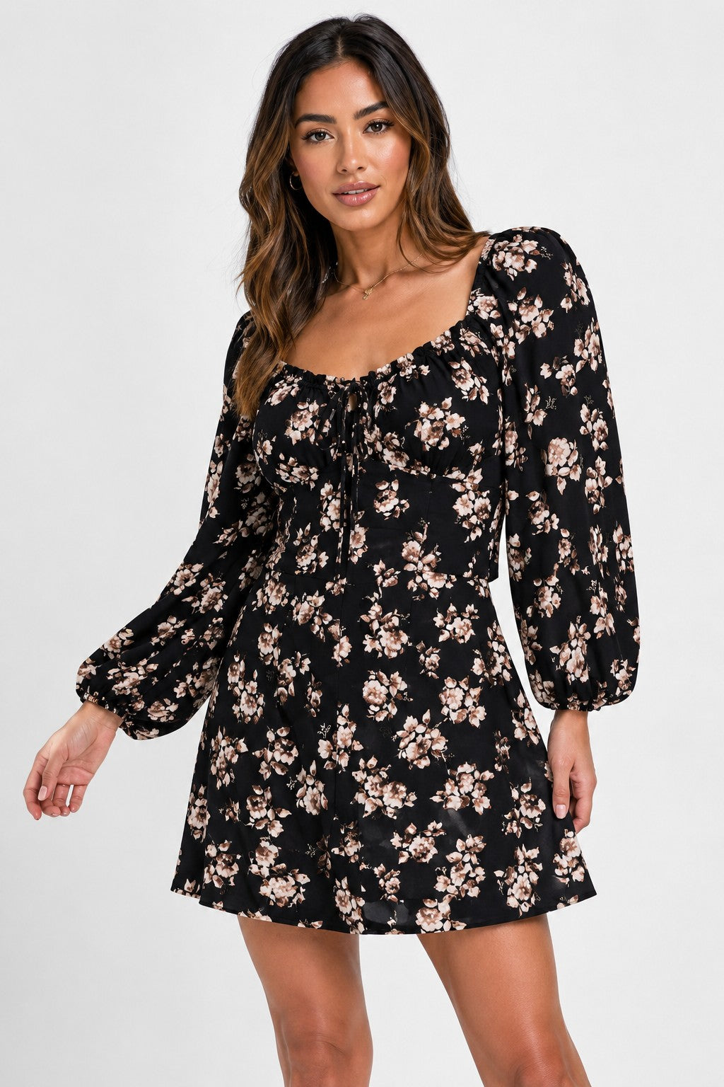 Missguided Womens Floral Balloon Sleeve Mini Dress In Black