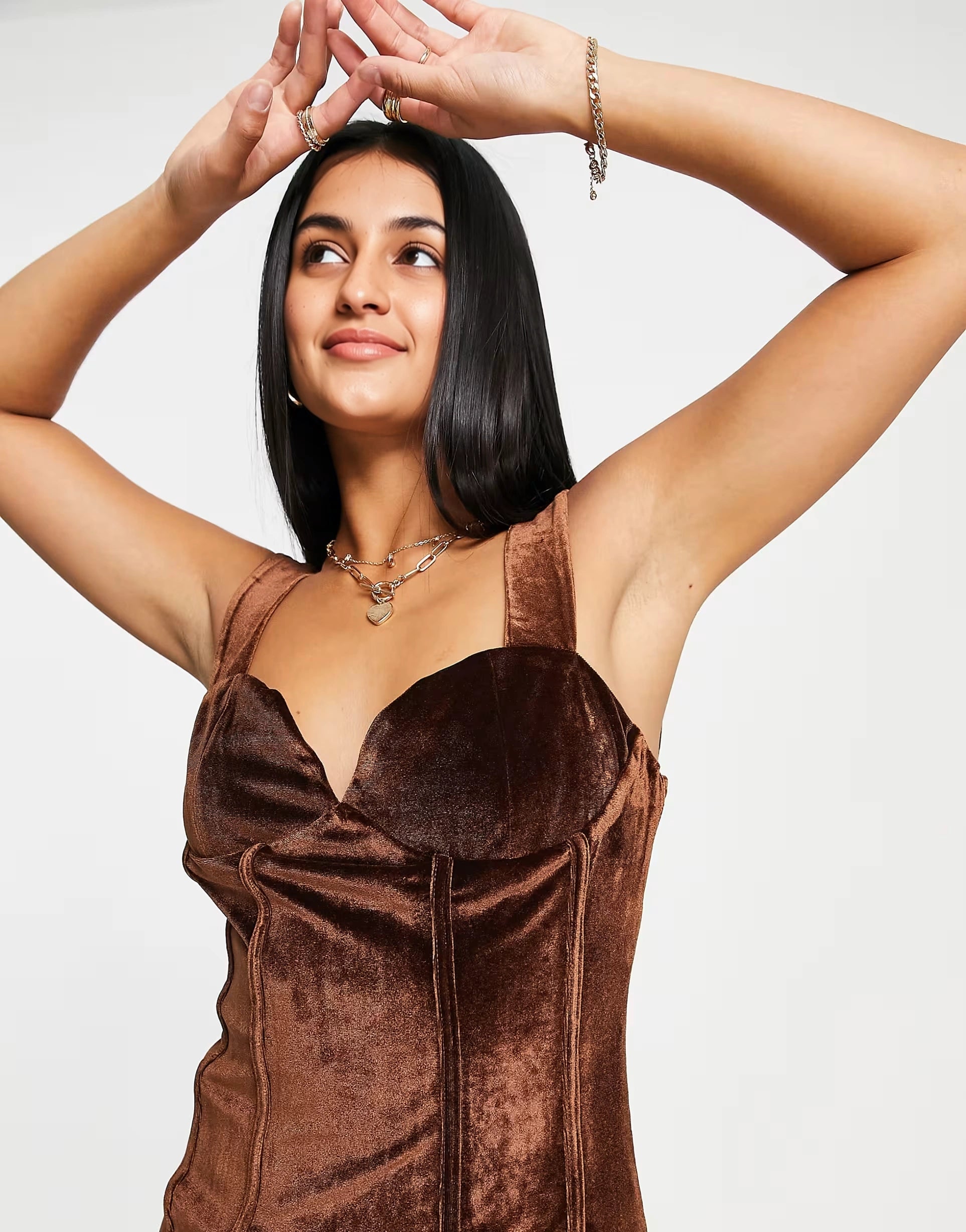 Collective The Label Womens Petite Velvet Corset Mini Dress in Chocolate Brown