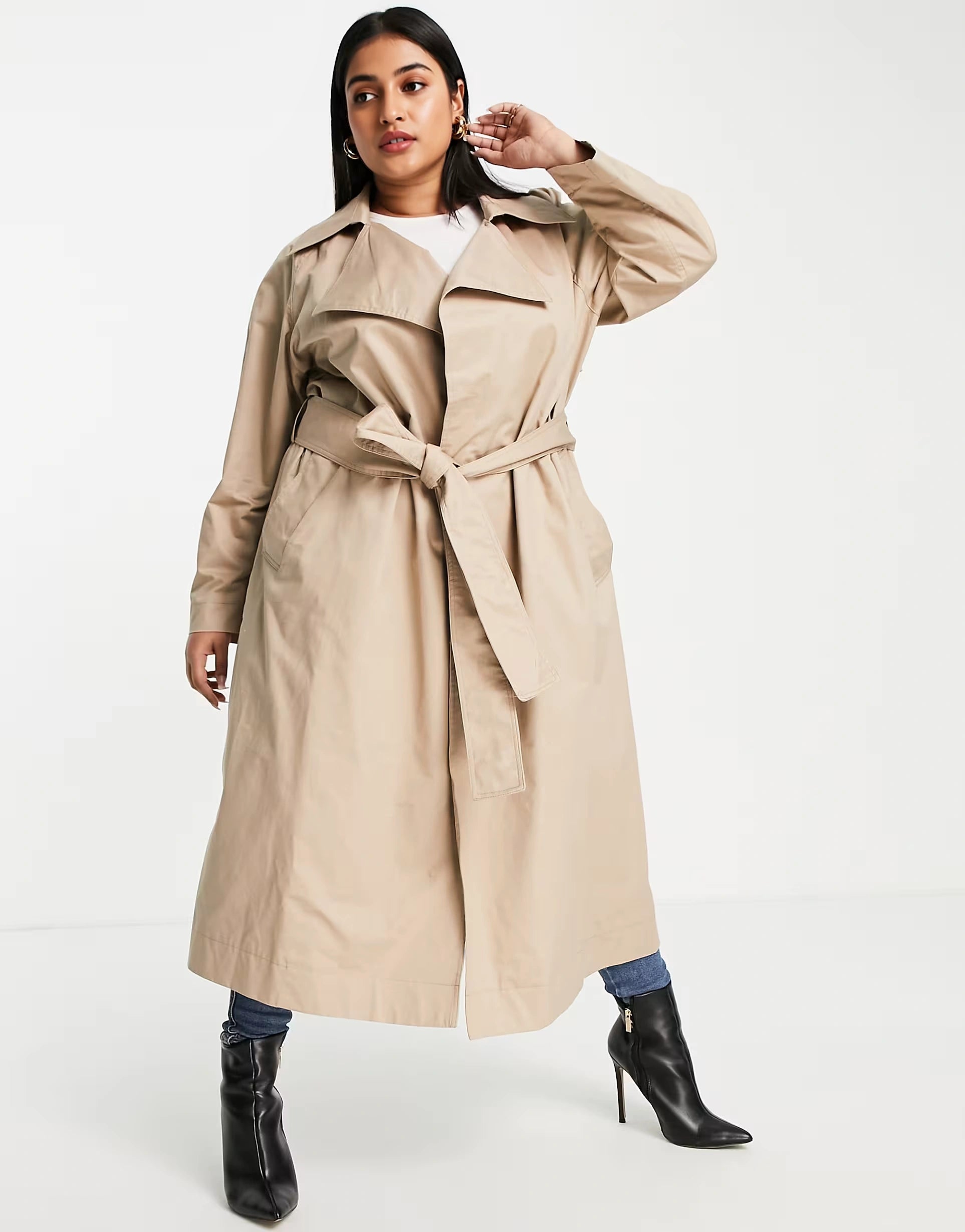 Womens Forever New Curve Tie Waist Trench Mac Coat in Stone