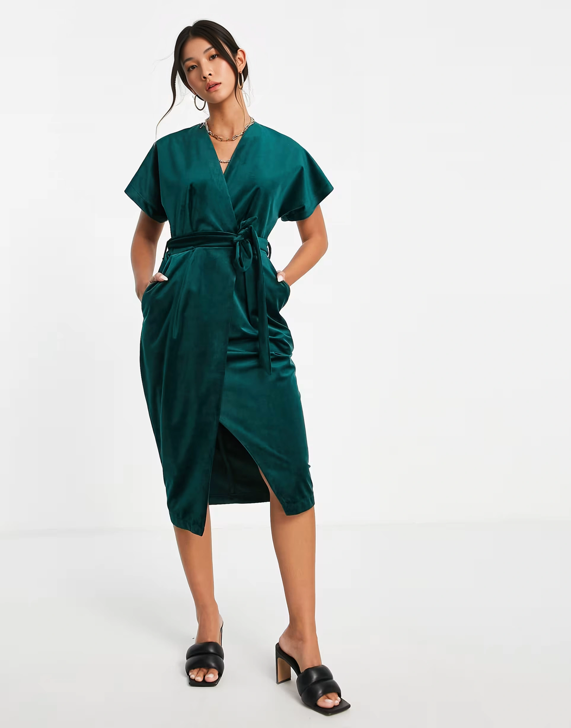 Womens Closet London Kimono Sleeve Velvet Midi Dress With Wrap Tie In Emerald Green