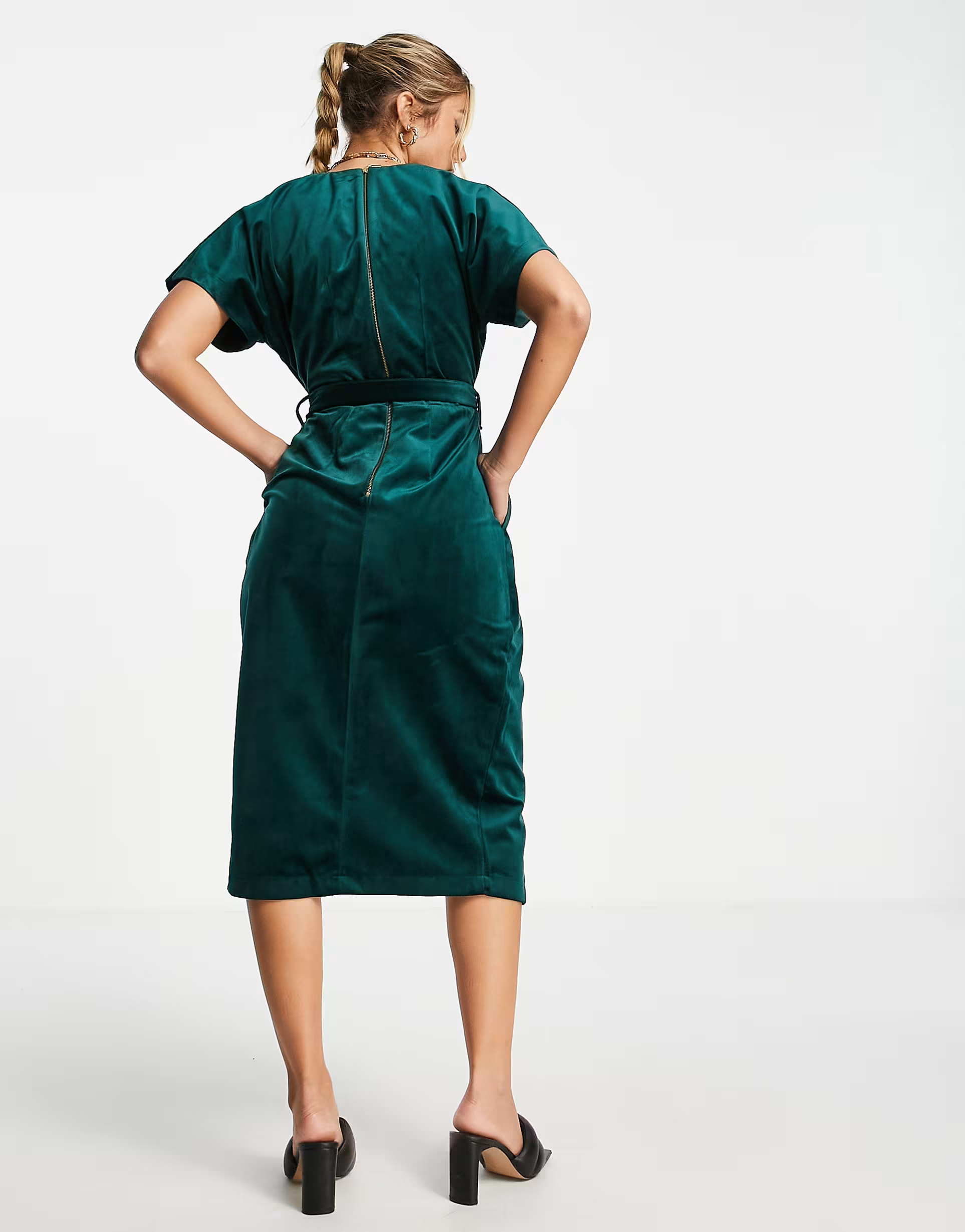 Womens Closet London Kimono Sleeve Velvet Midi Dress With Wrap Tie In Emerald Green